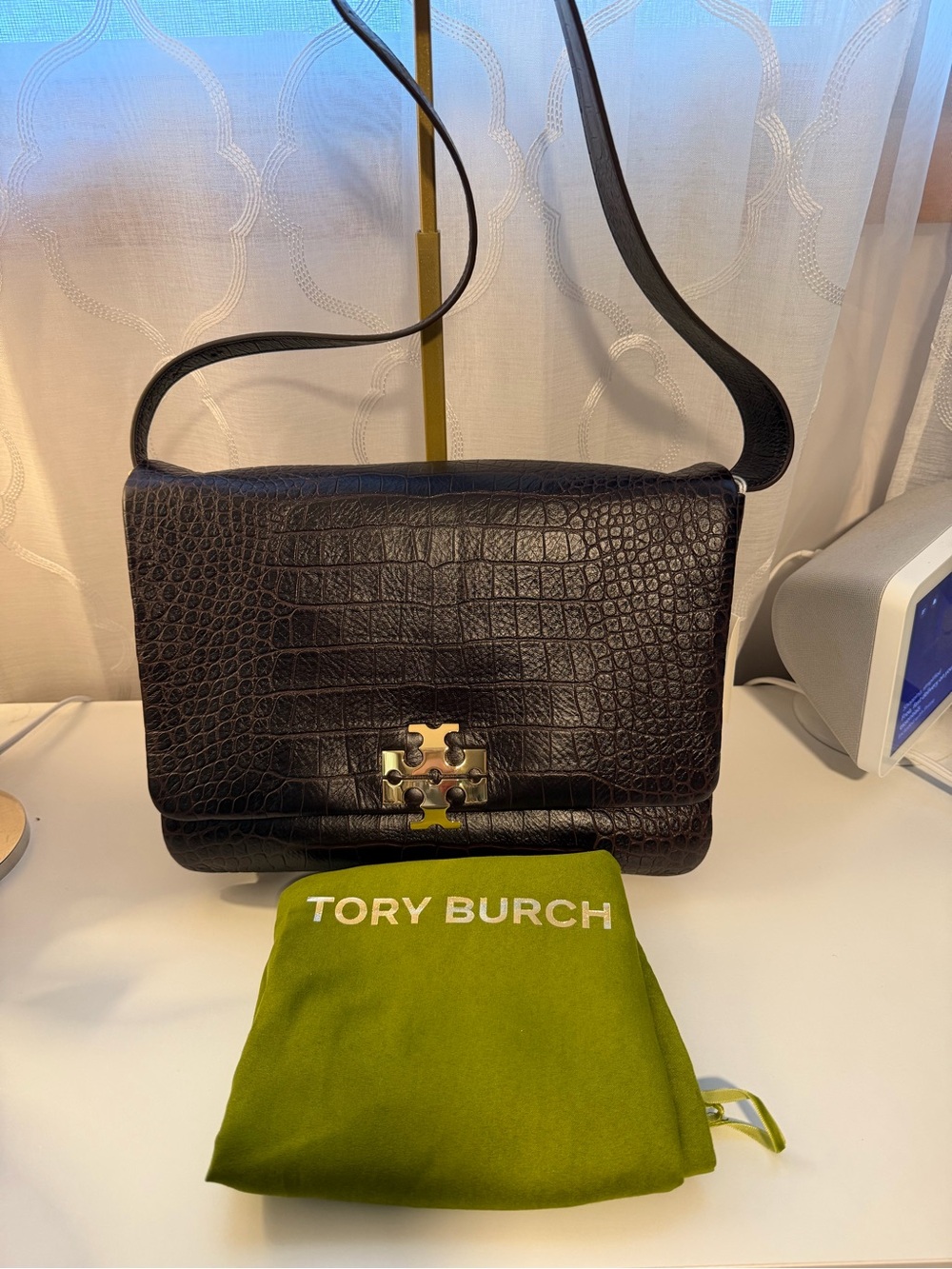 Tory Burch Runway Charlie Large Croc-Embossed Leather Shoulder Bag